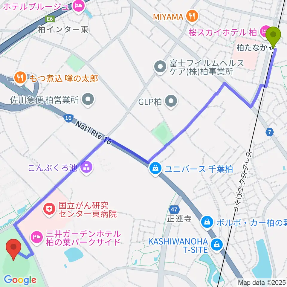 柏たなか駅から県立柏の葉公園野球場へのルートマップ地図