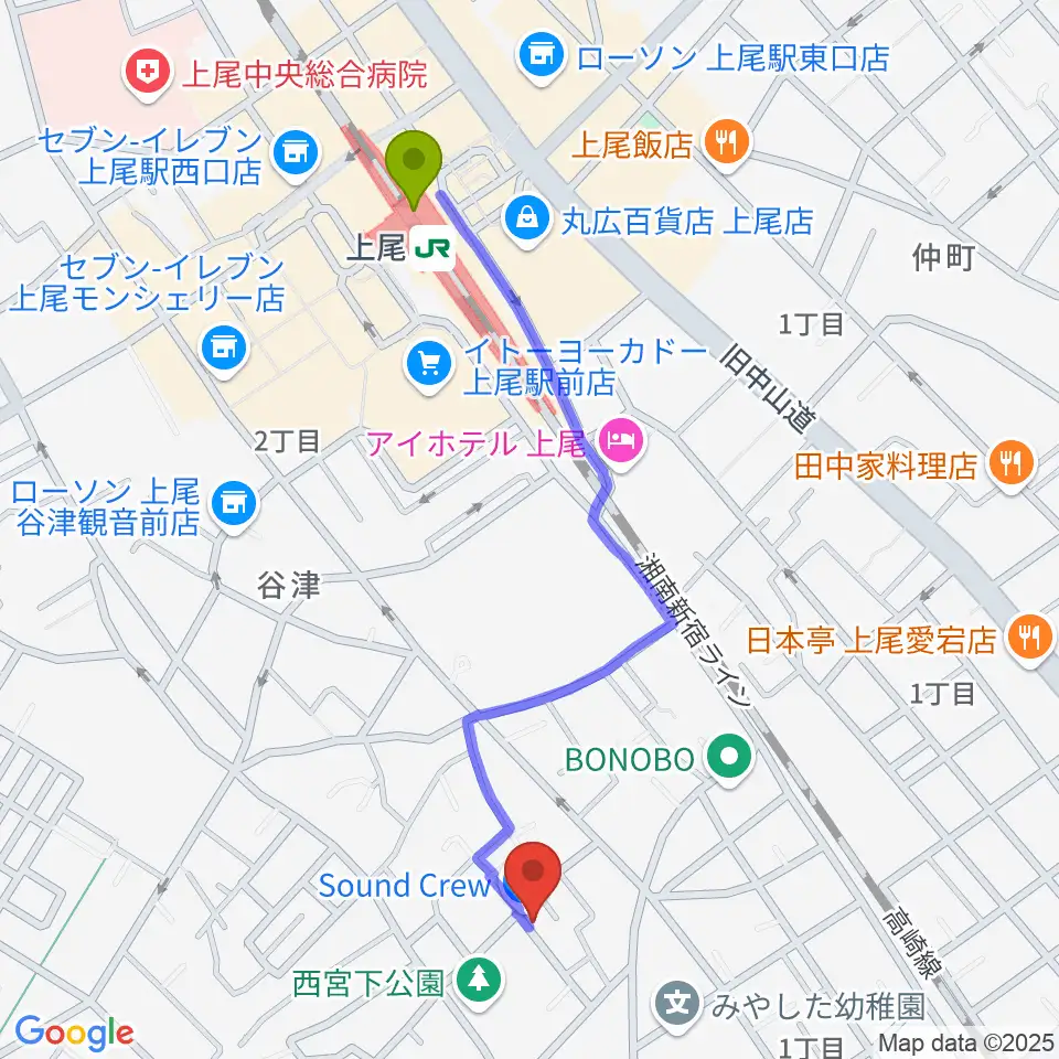 STUDIO SOUND CREWの最寄駅上尾駅からの徒歩ルート（約10分）地図