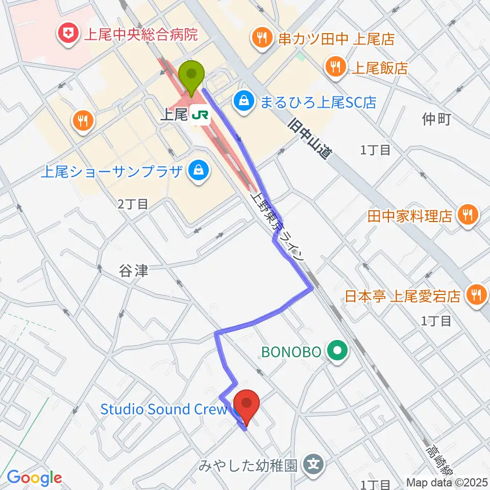 STUDIO SOUND CREWの最寄駅上尾駅からの徒歩ルート（約10分）地図