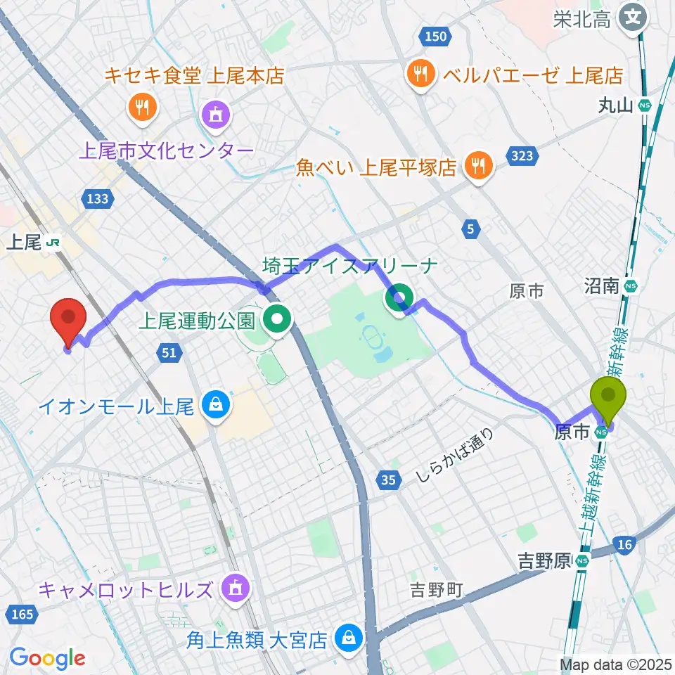 原市駅からSTUDIO SOUND CREWへのルートマップ地図