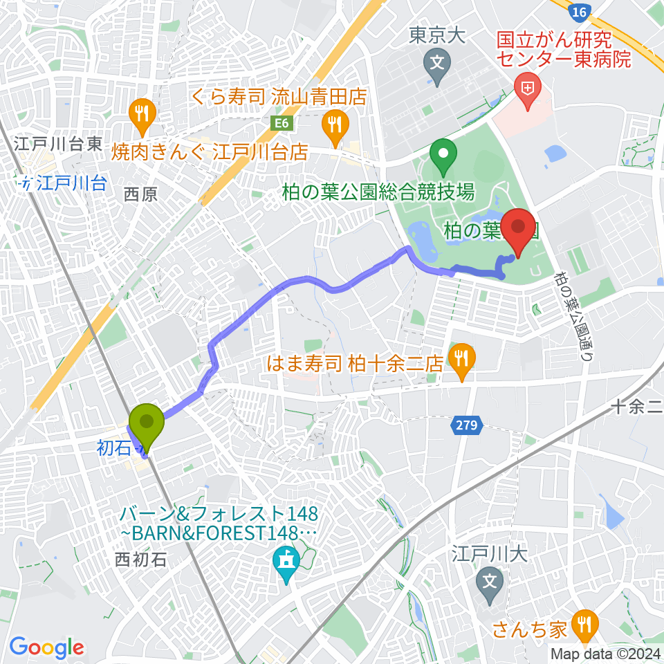 初石駅から柏の葉公園コミュニティ体育館へのルートマップ地図