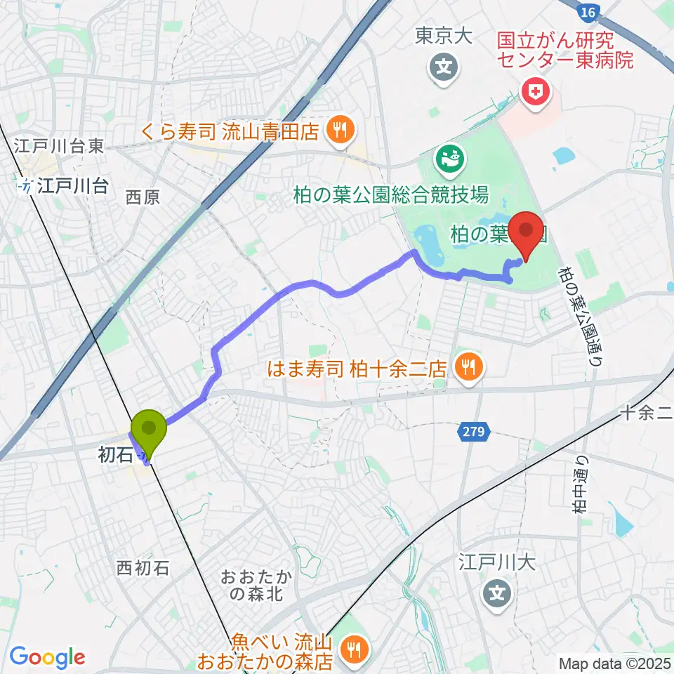 初石駅から柏の葉公園コミュニティ体育館へのルートマップ地図