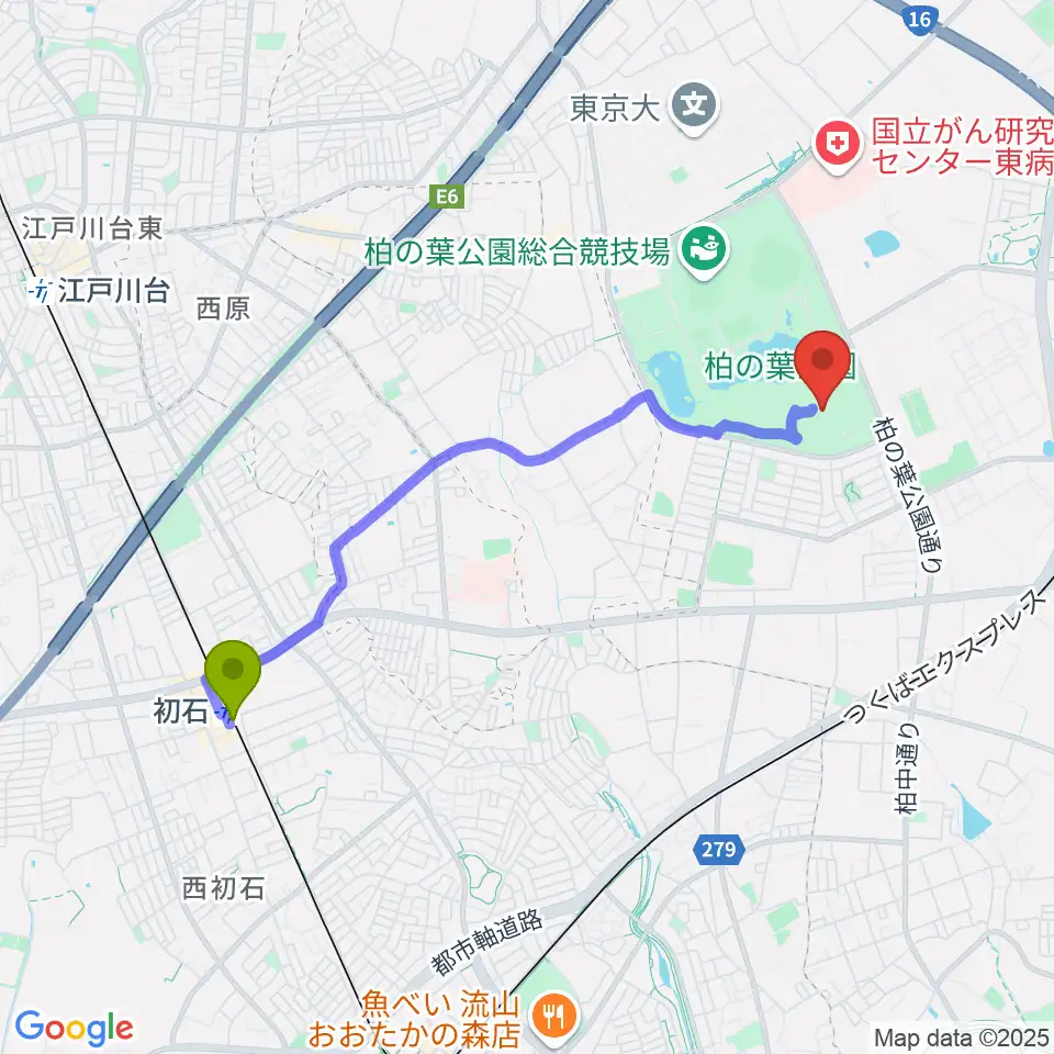 初石駅から柏の葉公園コミュニティ体育館へのルートマップ地図
