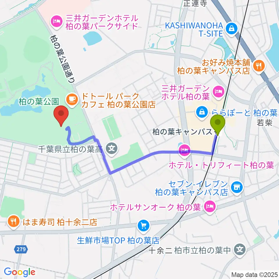 柏の葉公園コミュニティ体育館の最寄駅柏の葉キャンパス駅からの徒歩ルート（約17分）地図