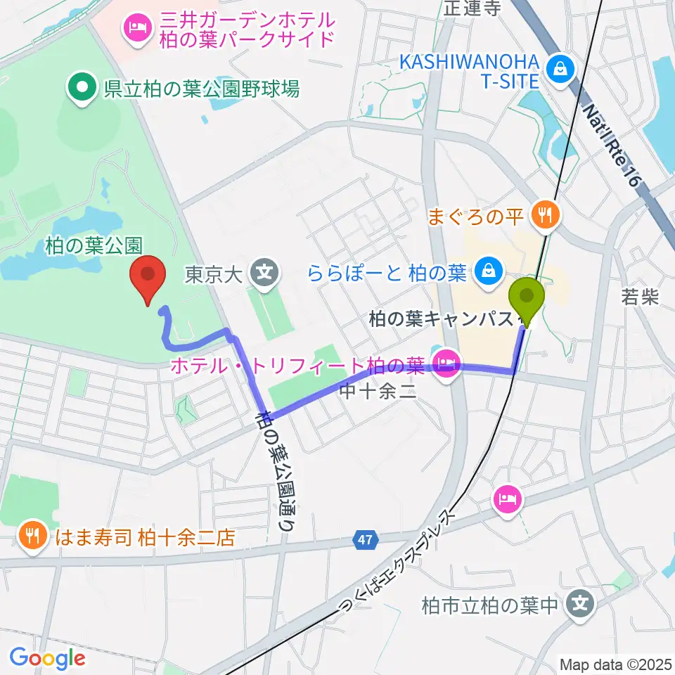 柏の葉公園コミュニティ体育館の最寄駅柏の葉キャンパス駅からの徒歩ルート（約17分）地図