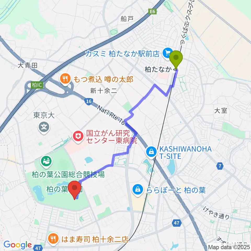 柏たなか駅から柏の葉公園コミュニティ体育館へのルートマップ地図