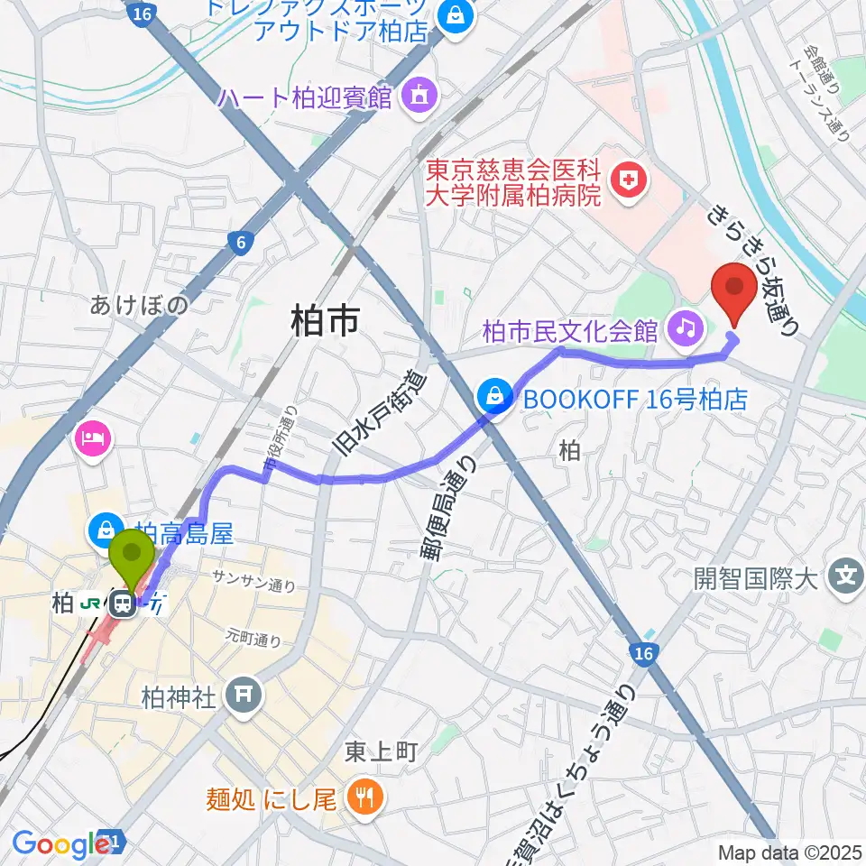 柏駅から柏市中央体育館へのルートマップ地図