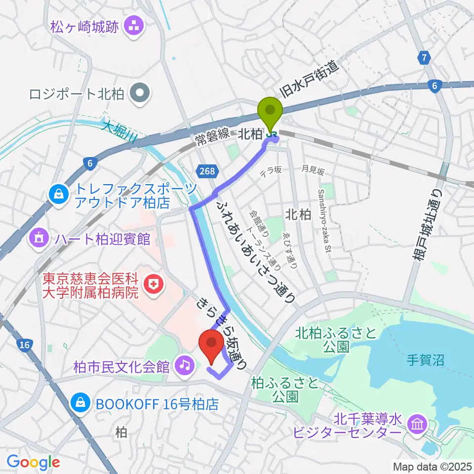 柏市中央体育館の最寄駅北柏駅からの徒歩ルート（約16分）地図