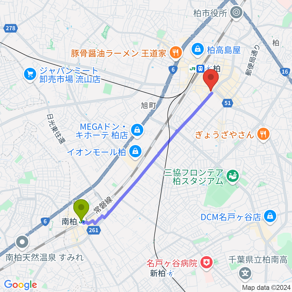 南柏駅からディスクユニオン柏店へのルートマップ地図