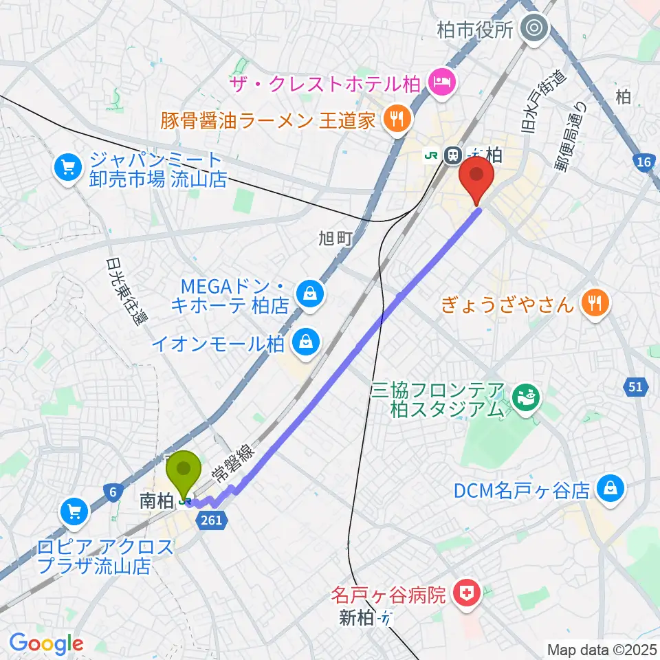 南柏駅からディスクユニオン柏店へのルートマップ地図