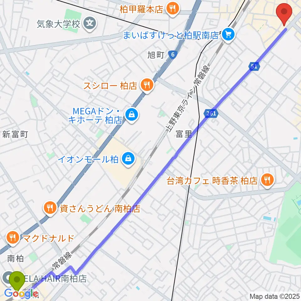 南柏駅からディスクユニオン柏店へのルートマップ地図
