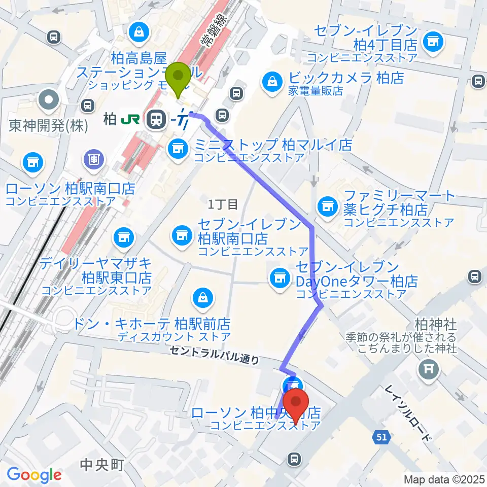 ディスクユニオン柏店の最寄駅柏駅からの徒歩ルート（約6分）地図