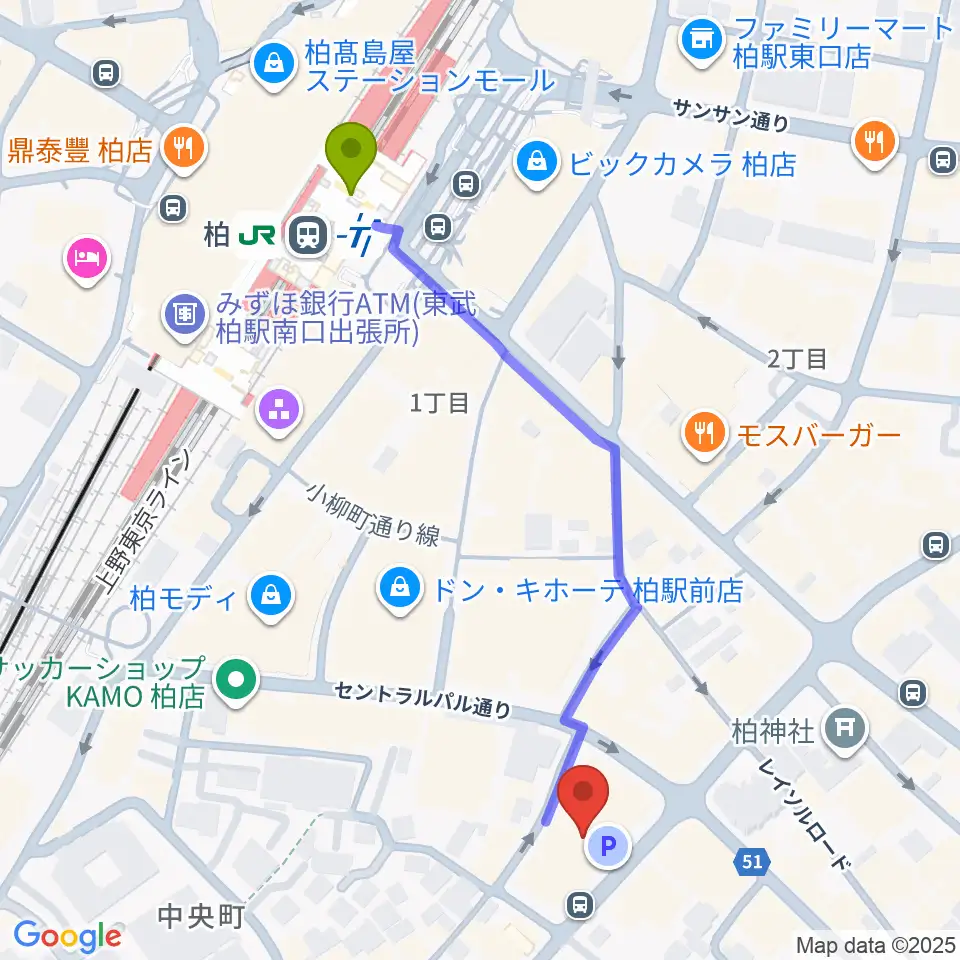 ディスクユニオン柏店の最寄駅柏駅からの徒歩ルート（約6分）地図