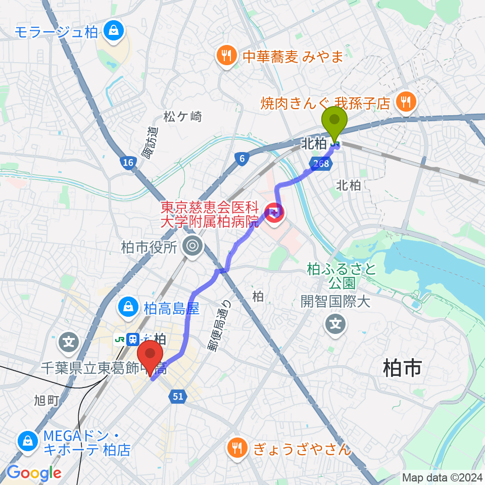 北柏駅からディスクユニオン柏店へのルートマップ地図