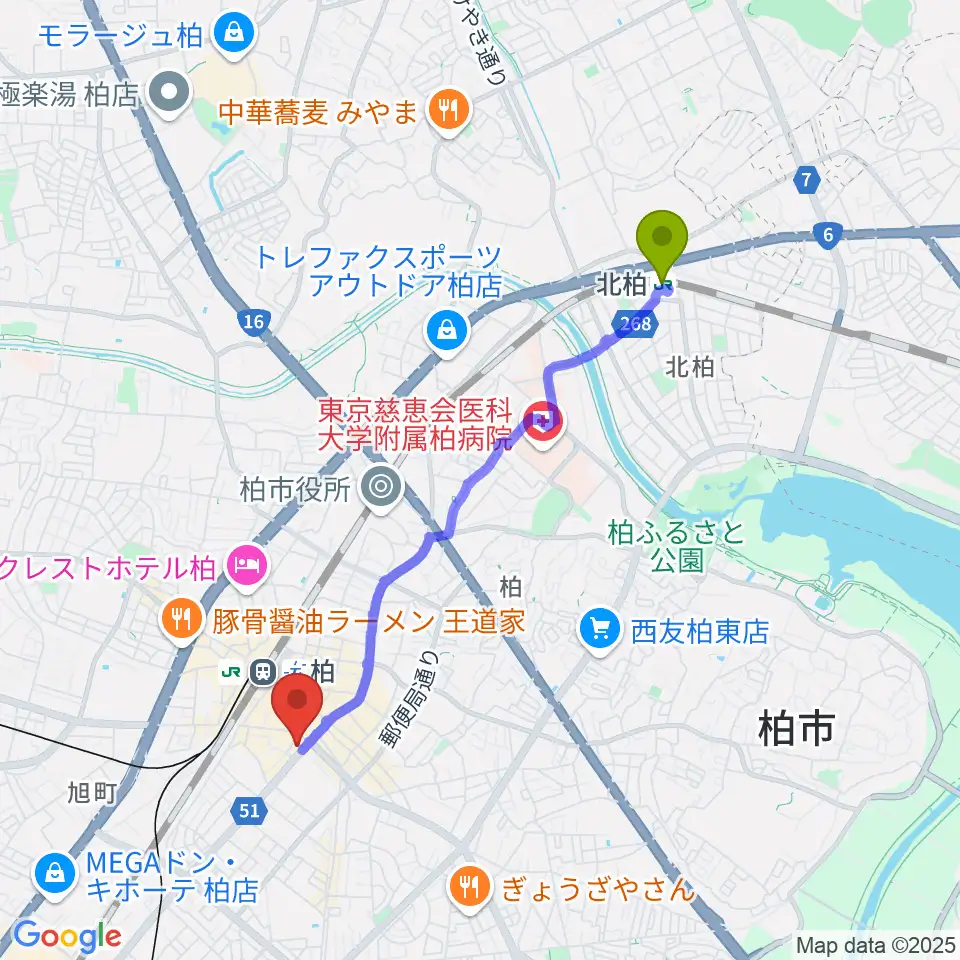 北柏駅からディスクユニオン柏店へのルートマップ地図