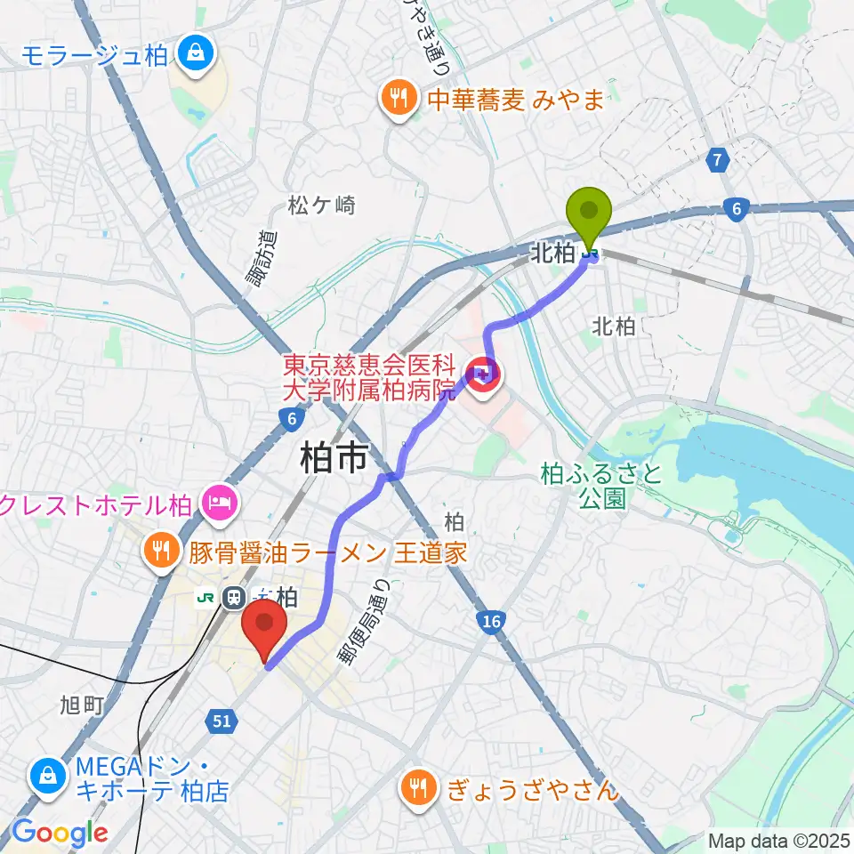 北柏駅からディスクユニオン柏店へのルートマップ地図