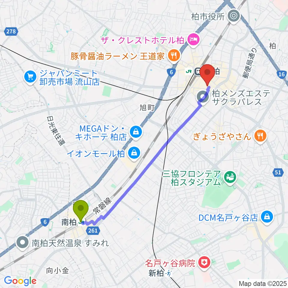南柏駅からパレット柏へのルートマップ地図