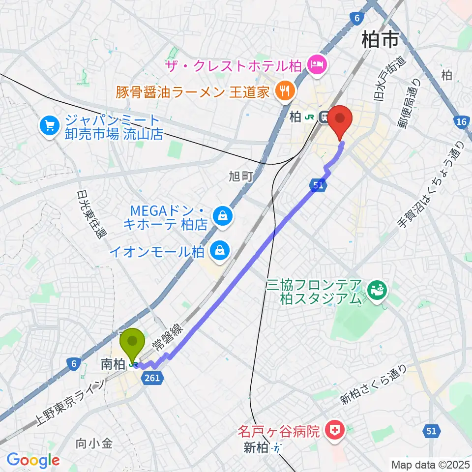 南柏駅からパレット柏へのルートマップ地図