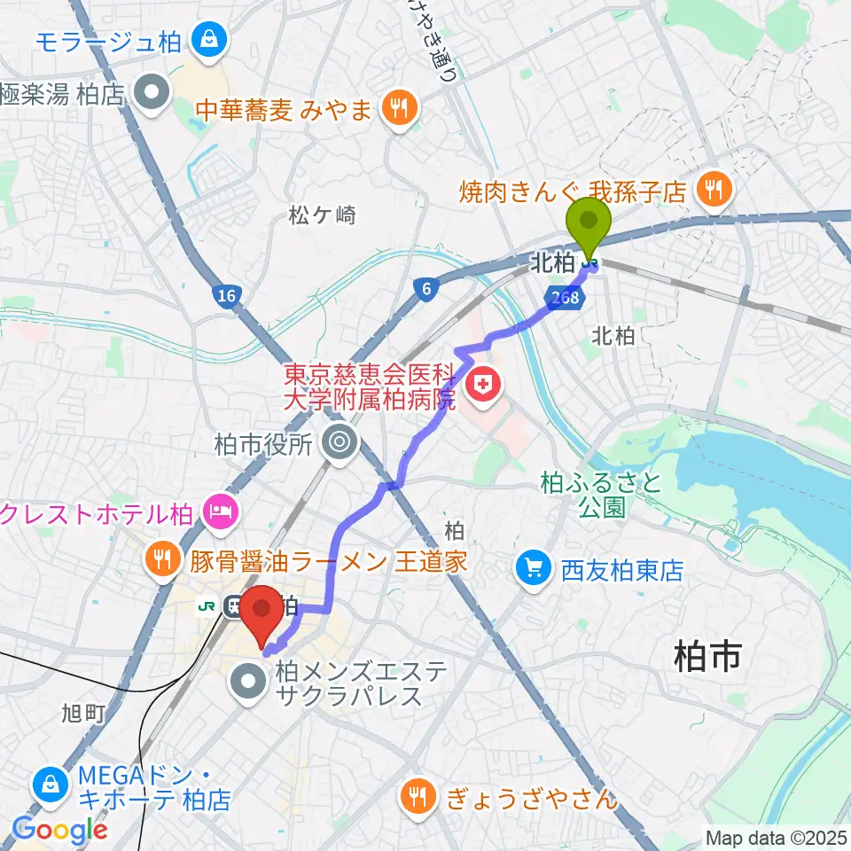北柏駅からパレット柏へのルートマップ地図