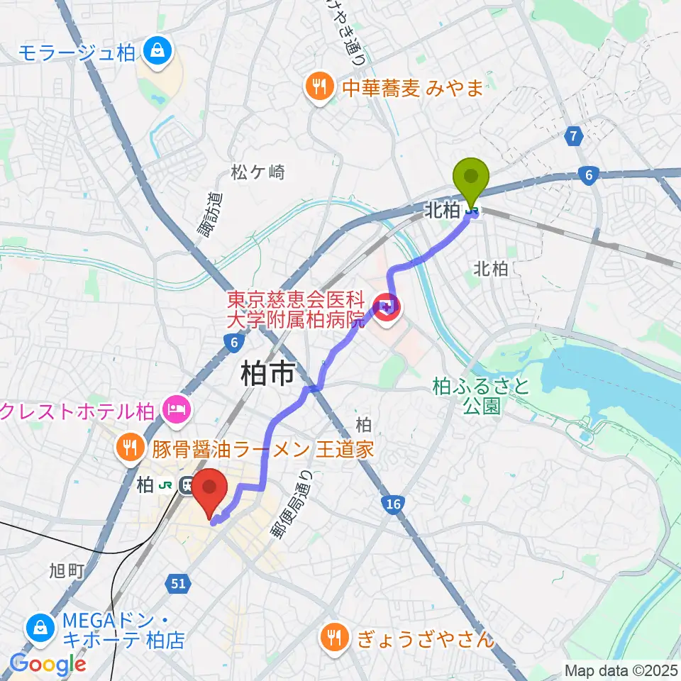 北柏駅からパレット柏へのルートマップ地図