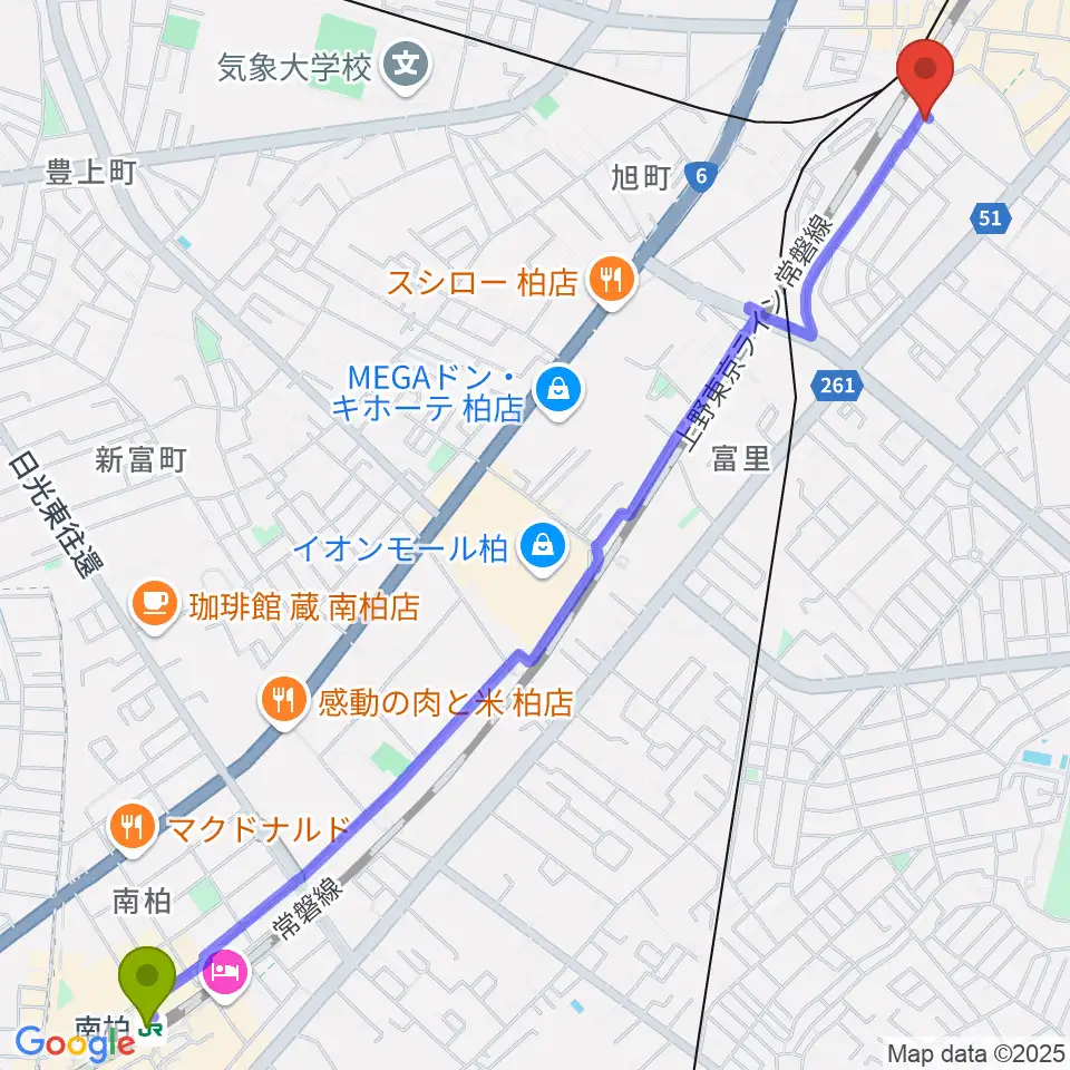 南柏駅から大賀ギタースクールへのルートマップ地図