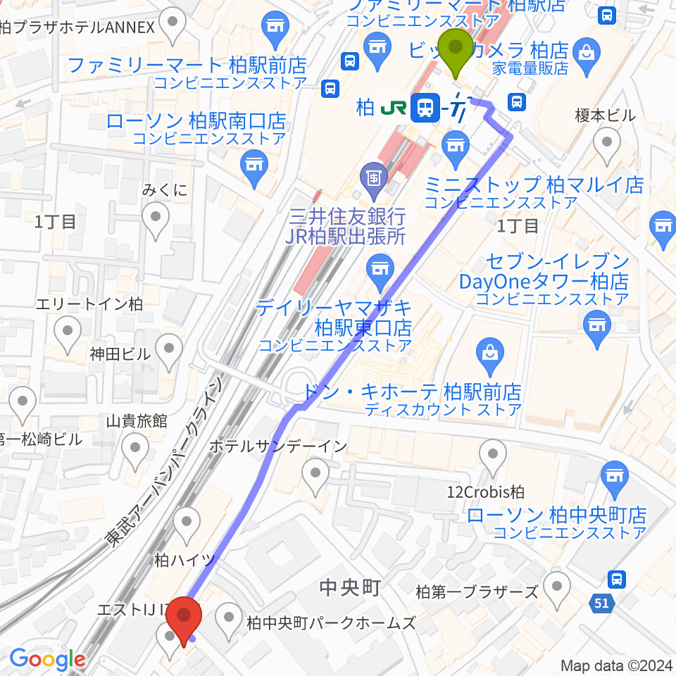 大賀ギタースクールの最寄駅柏駅からの徒歩ルート（約7分）地図