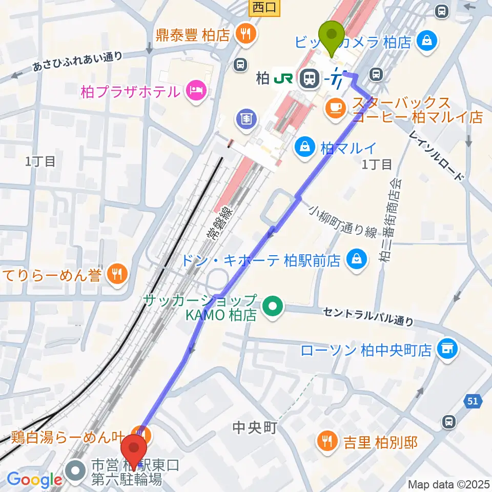 大賀ギタースクールの最寄駅柏駅からの徒歩ルート（約7分）地図