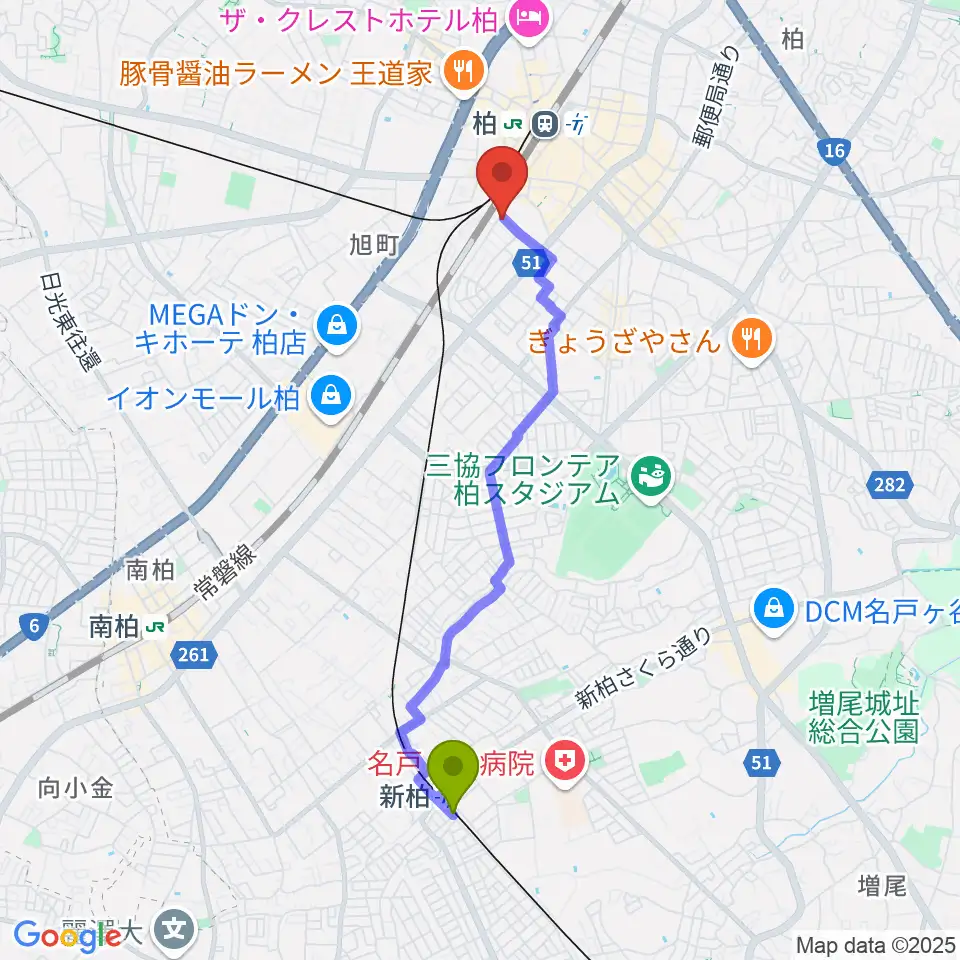 新柏駅から大賀ギタースクールへのルートマップ地図