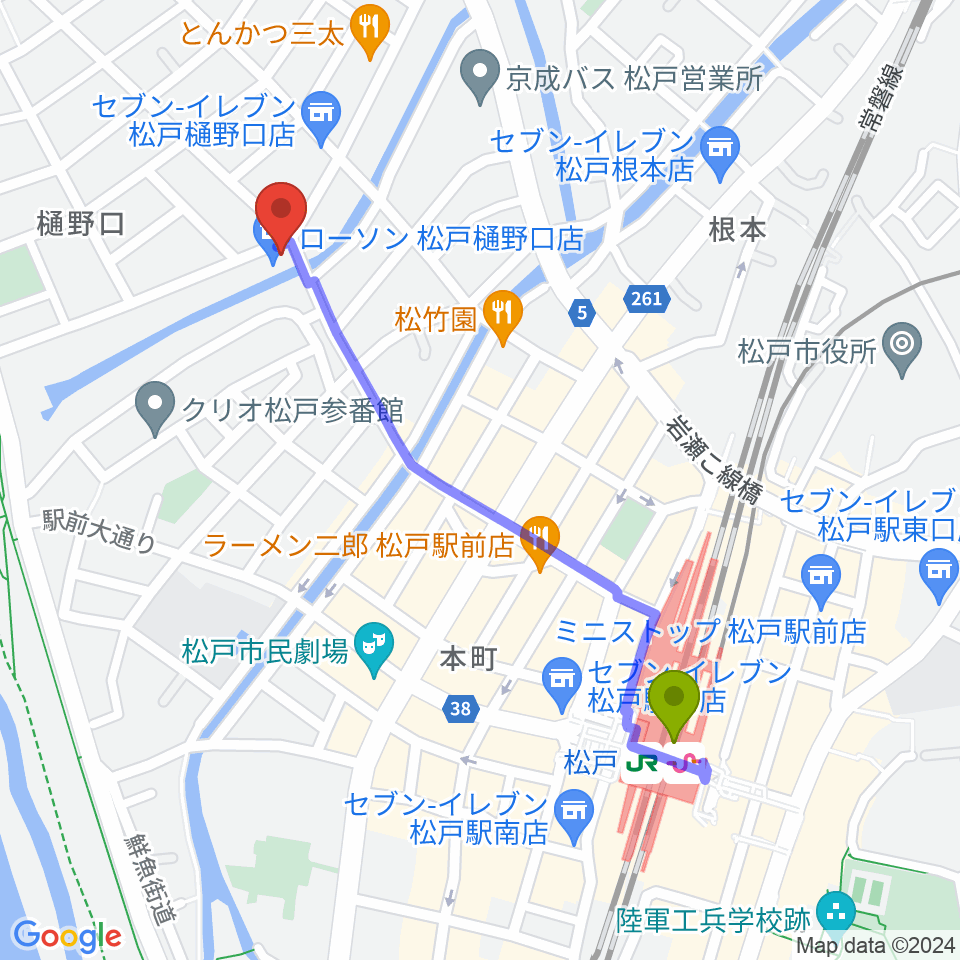 松戸StageVの最寄駅松戸駅からの徒歩ルート（約10分）地図