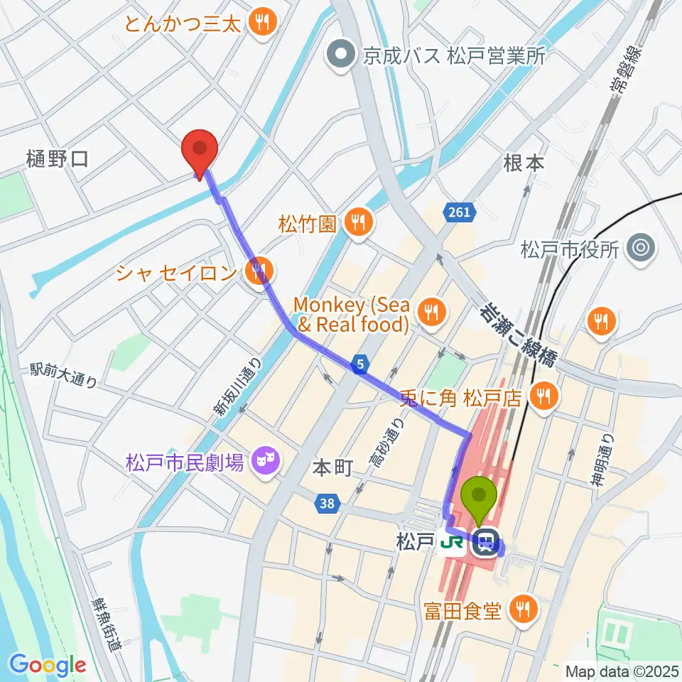 松戸StageVの最寄駅松戸駅からの徒歩ルート（約10分）地図