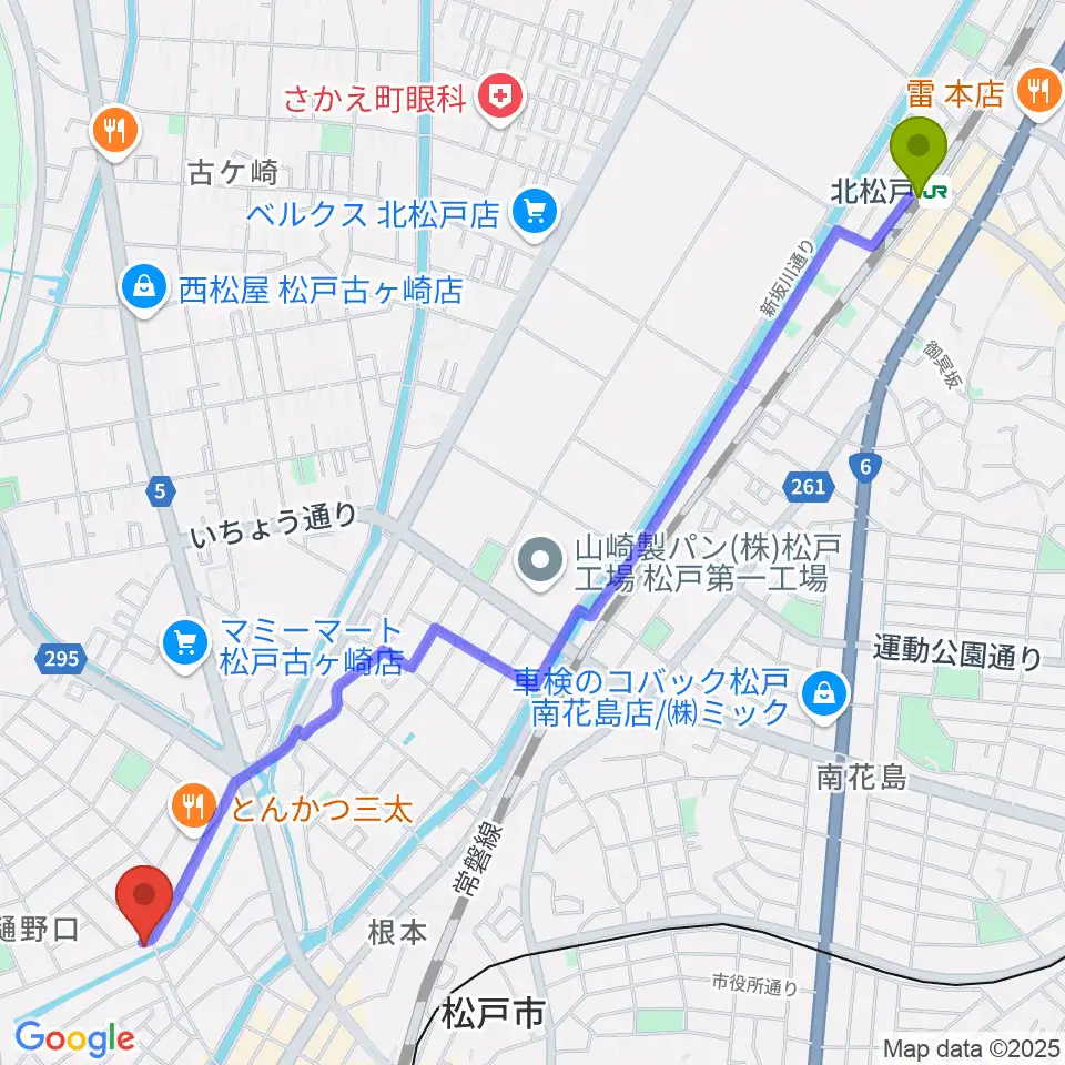 北松戸駅から松戸StageVへのルートマップ地図