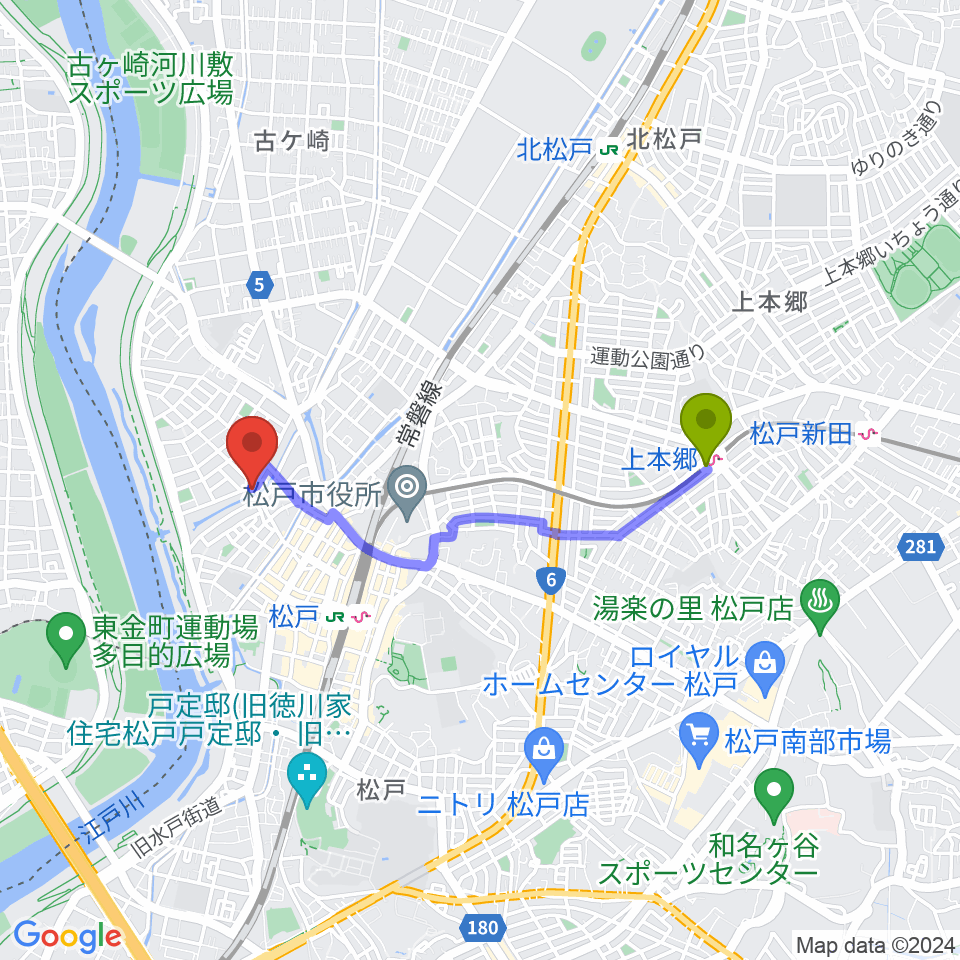 上本郷駅から松戸StageVへのルートマップ地図