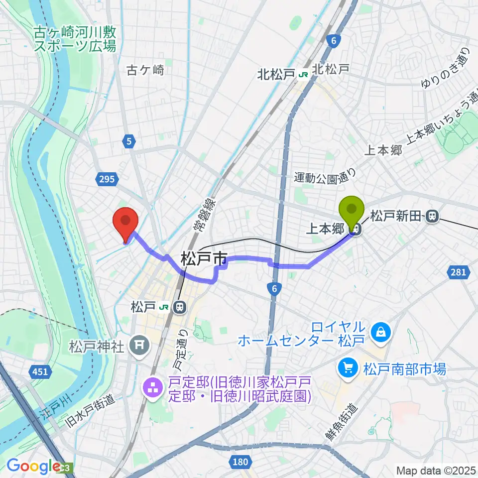 上本郷駅から松戸StageVへのルートマップ地図
