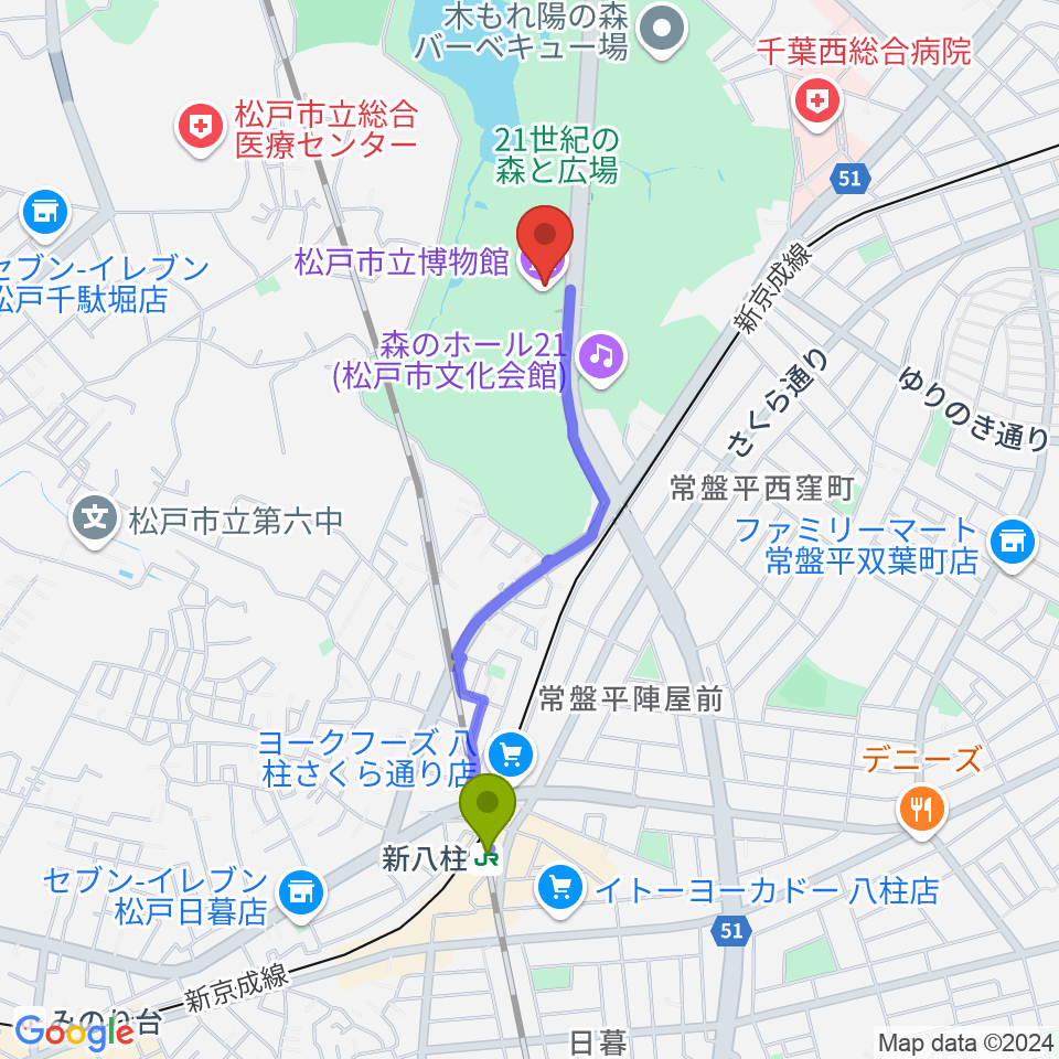 新八柱駅から松戸市立博物館へのルートマップ地図