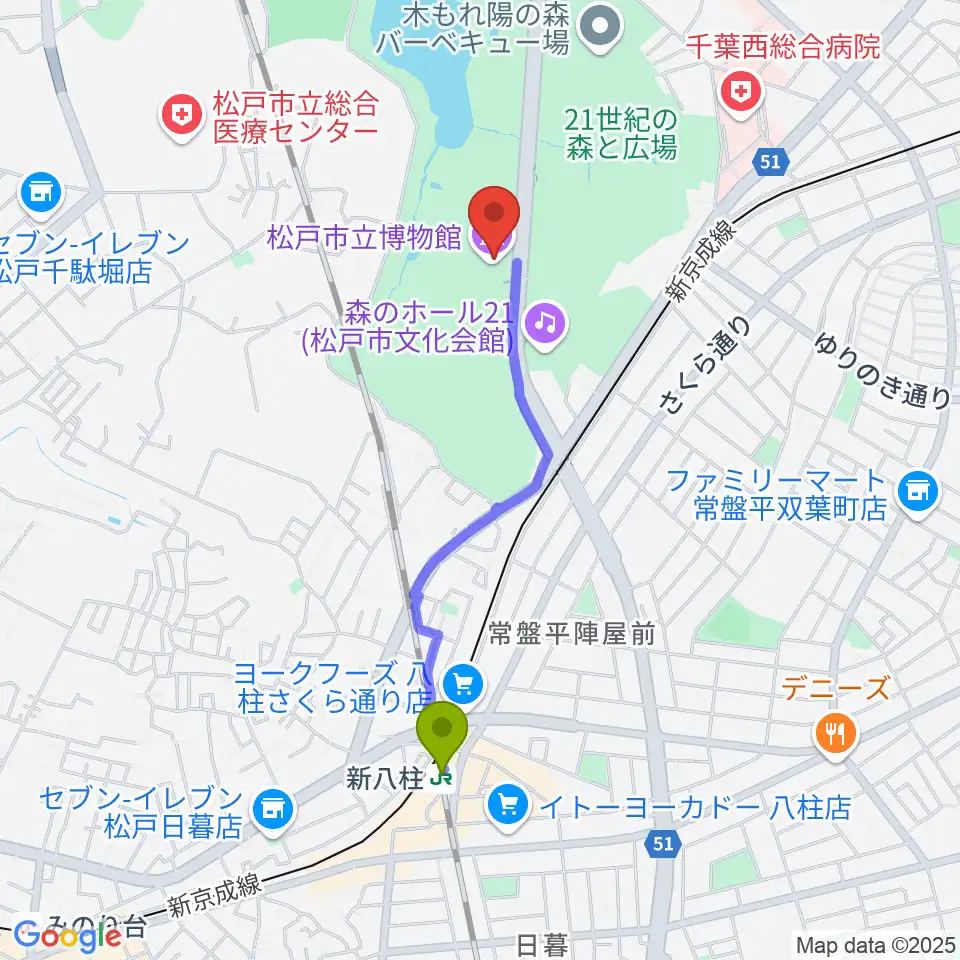 新八柱駅から松戸市立博物館へのルートマップ地図