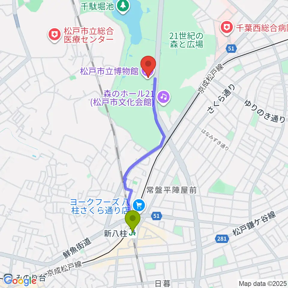 新八柱駅から松戸市立博物館へのルートマップ地図