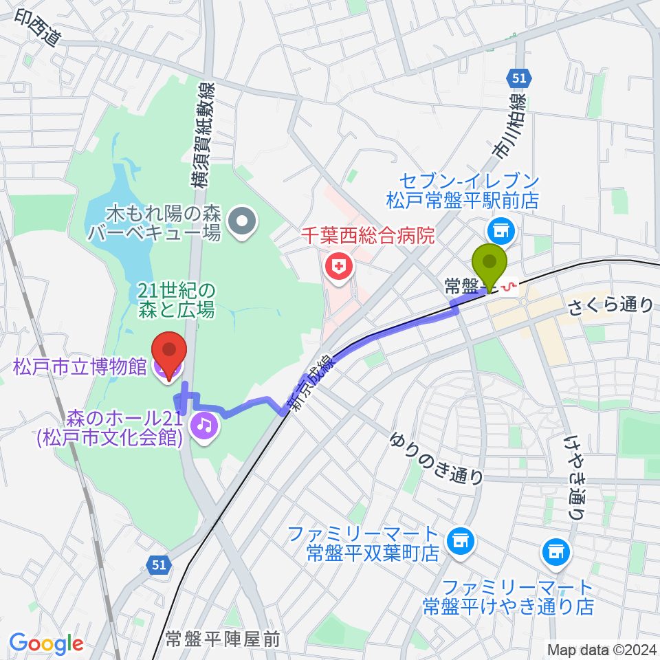 松戸市立博物館の最寄駅常盤平駅からの徒歩ルート（約16分）地図