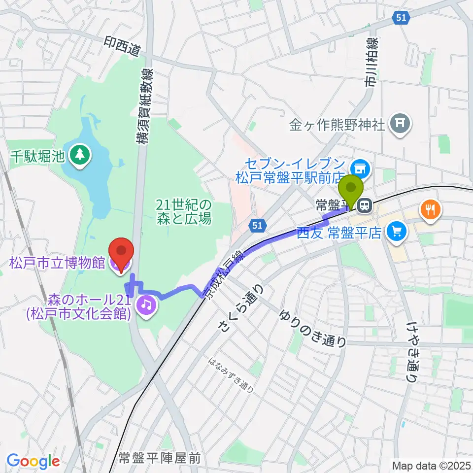 松戸市立博物館の最寄駅常盤平駅からの徒歩ルート（約16分）地図
