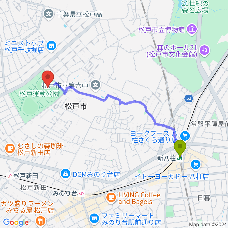 新八柱駅から松戸運動公園陸上競技場へのルートマップ地図