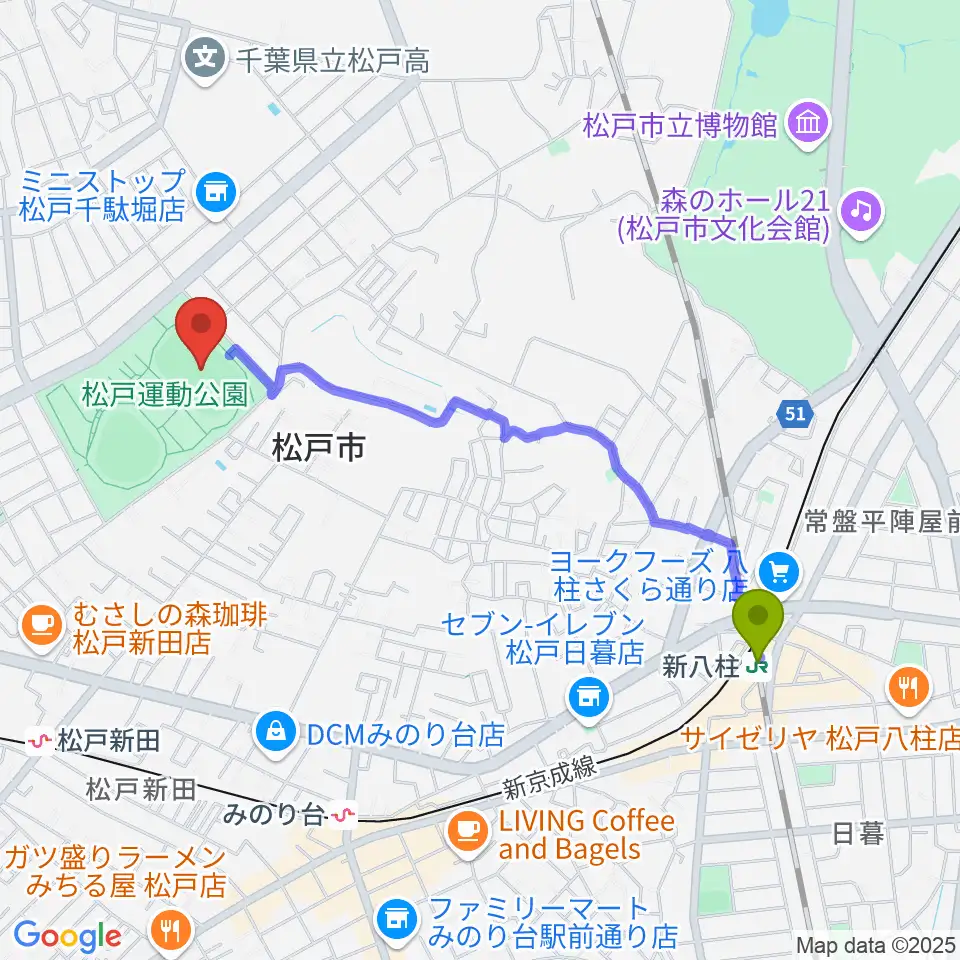 新八柱駅から松戸運動公園陸上競技場へのルートマップ地図