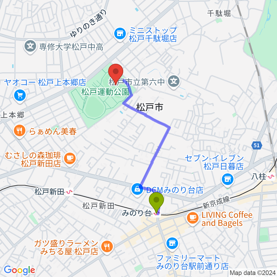 みのり台駅から松戸運動公園陸上競技場へのルートマップ地図