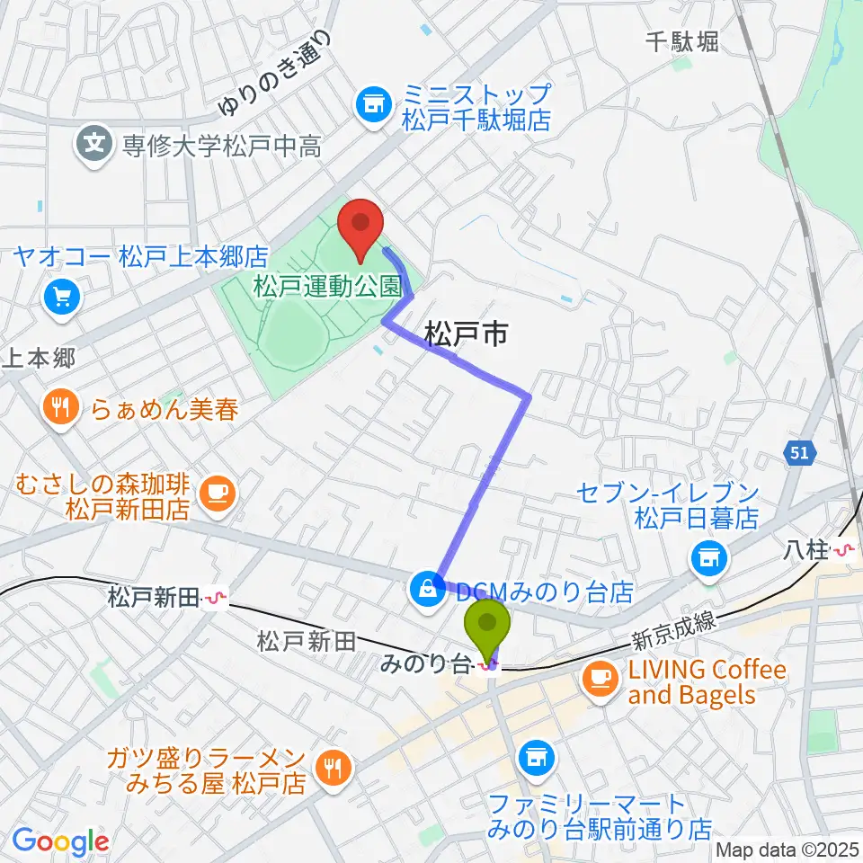 みのり台駅から松戸運動公園陸上競技場へのルートマップ地図