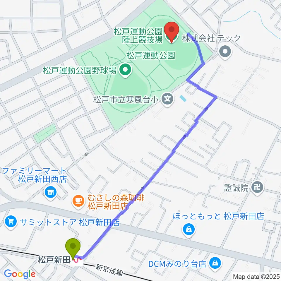 松戸運動公園陸上競技場の最寄駅松戸新田駅からの徒歩ルート（約13分）地図