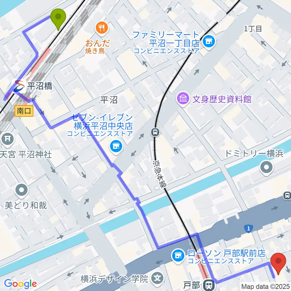 平沼橋駅からボンカンスタジオ横浜へのルートマップ地図