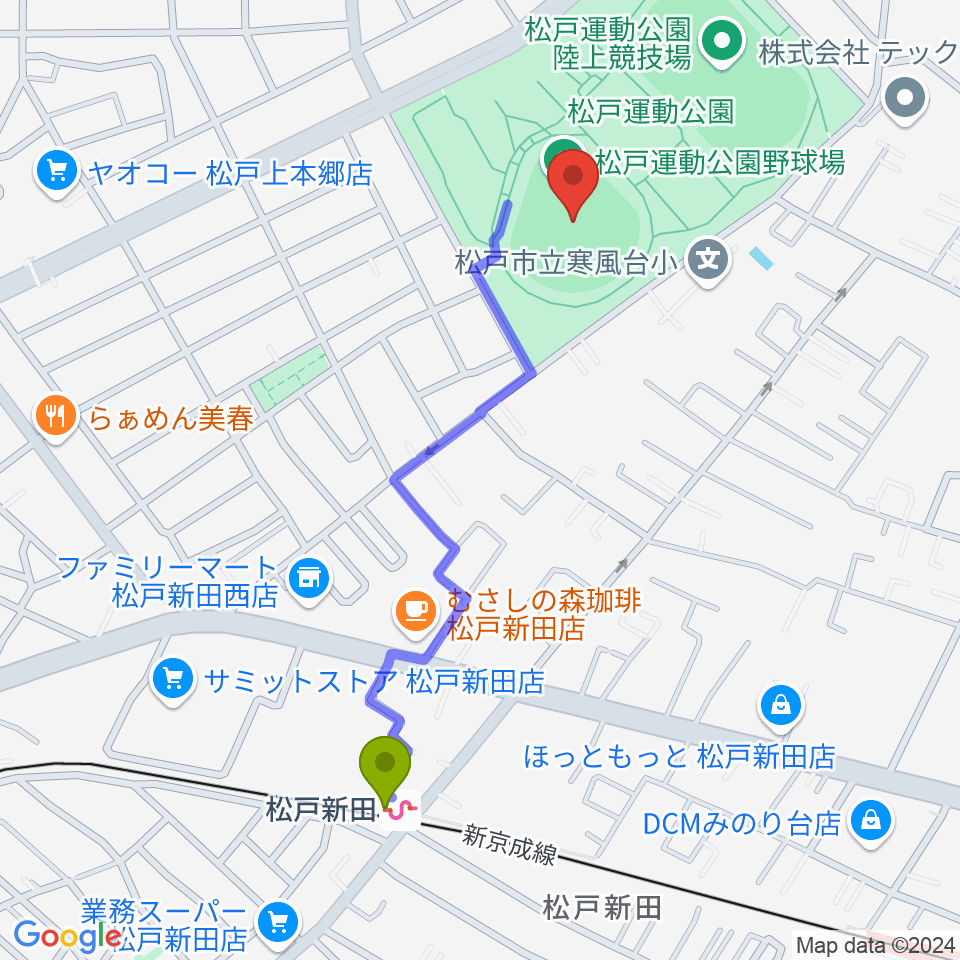 松戸運動公園野球場の最寄駅松戸新田駅からの徒歩ルート（約10分）地図