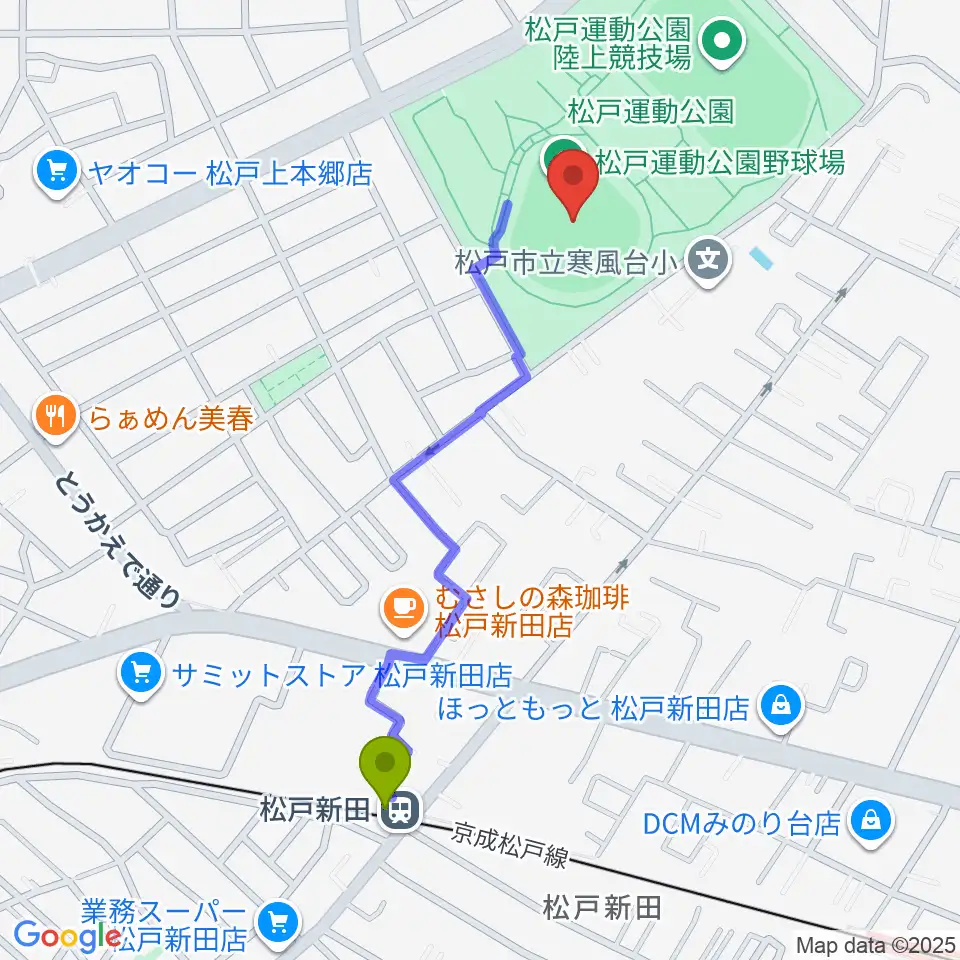 松戸運動公園野球場の最寄駅松戸新田駅からの徒歩ルート（約10分）地図