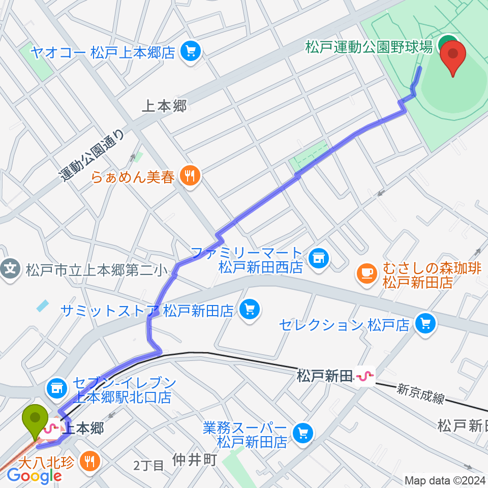 上本郷駅から松戸運動公園野球場へのルートマップ地図