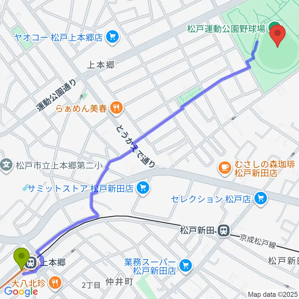 上本郷駅から松戸運動公園野球場へのルートマップ地図