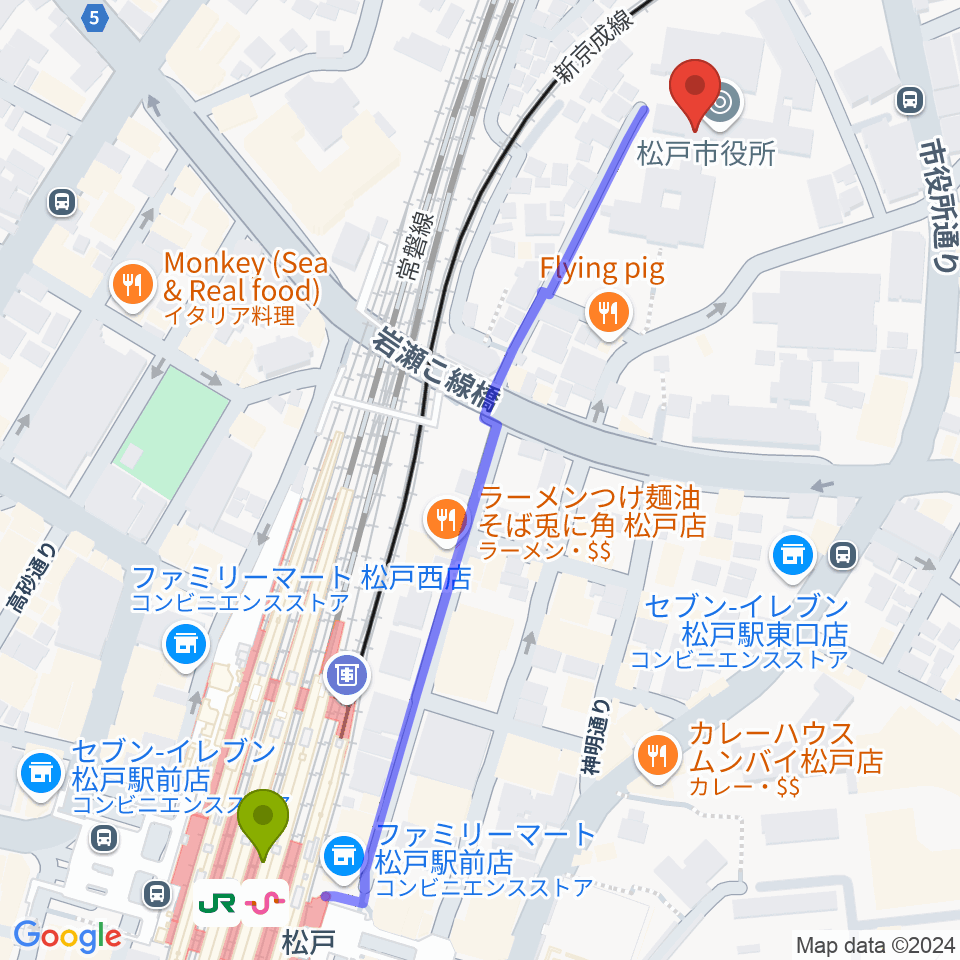 松戸運動公園体育館の最寄駅松戸駅からの徒歩ルート（約7分）地図