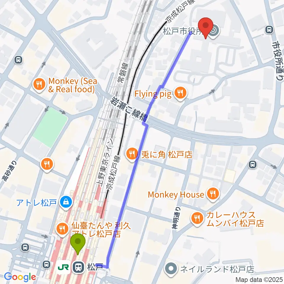 松戸運動公園体育館の最寄駅松戸駅からの徒歩ルート（約7分）地図